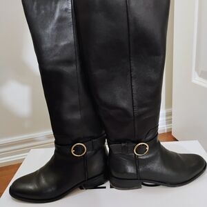 Aldo Black Leather Knee-High Boots with Gold Ring Detail